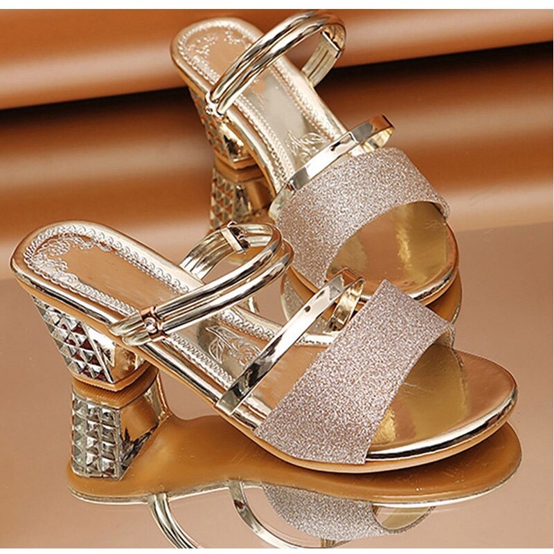 Dames bling sandalen dames hoge hakken casual damesschoenen dames zomer peep toe vierkante hakken dames instappers slippers: Goud / 8.5