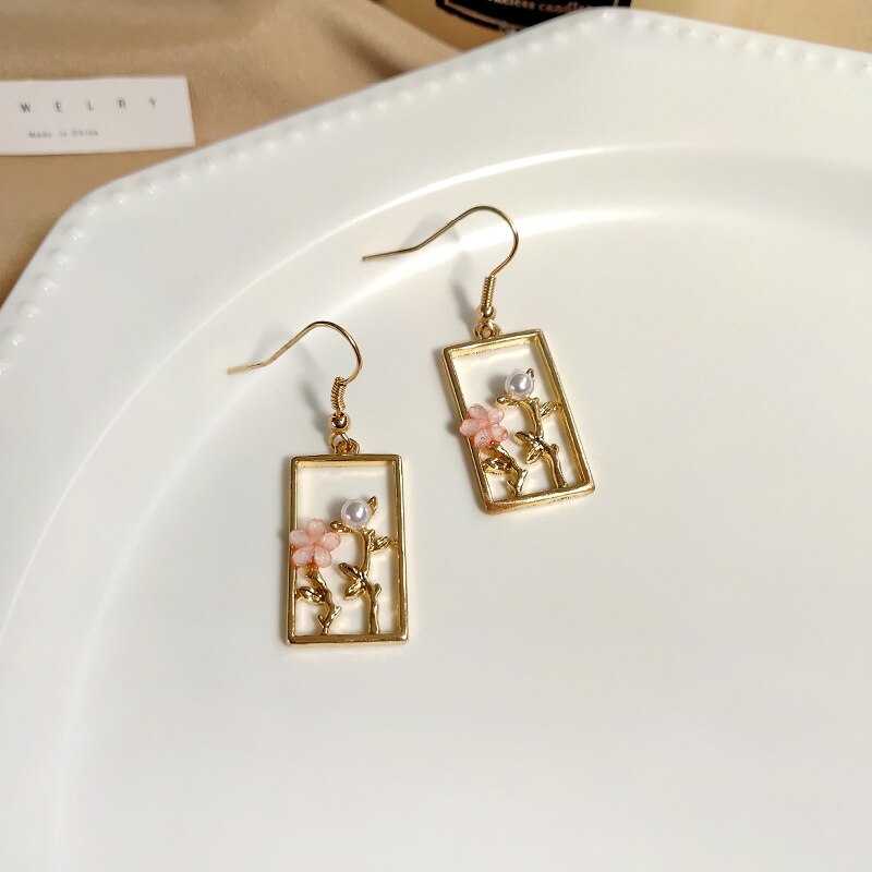 Temperamento in stile giapponese Clip quadrata vuota su orecchino imitazione perla rosa Sakura fiore orecchino a Clip senza Piercing Non forato