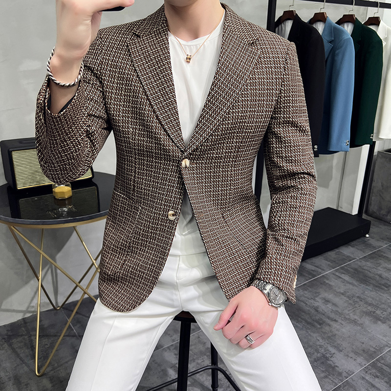 Blazer a cuadros de estilo británico para hombre, traje informal de negocios, chaqueta Formal para de boda, 2022