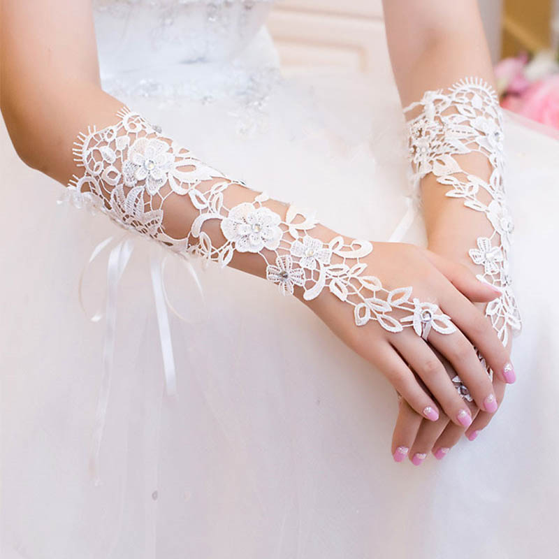 Gants de Mariage en dentelle ivoire pour femmes, paillettes, sans doigts, pour mariée, Accessoire Mariage, bon marché