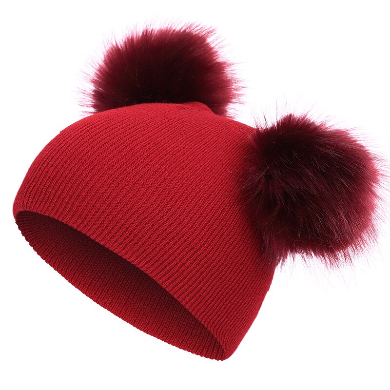 Winter Wool Hat Knit Beanie Fur Pom Pom Hat Baby Boys Girls Cap 1-3Y Children Hat Toddler Kids Baby Warm: Wine