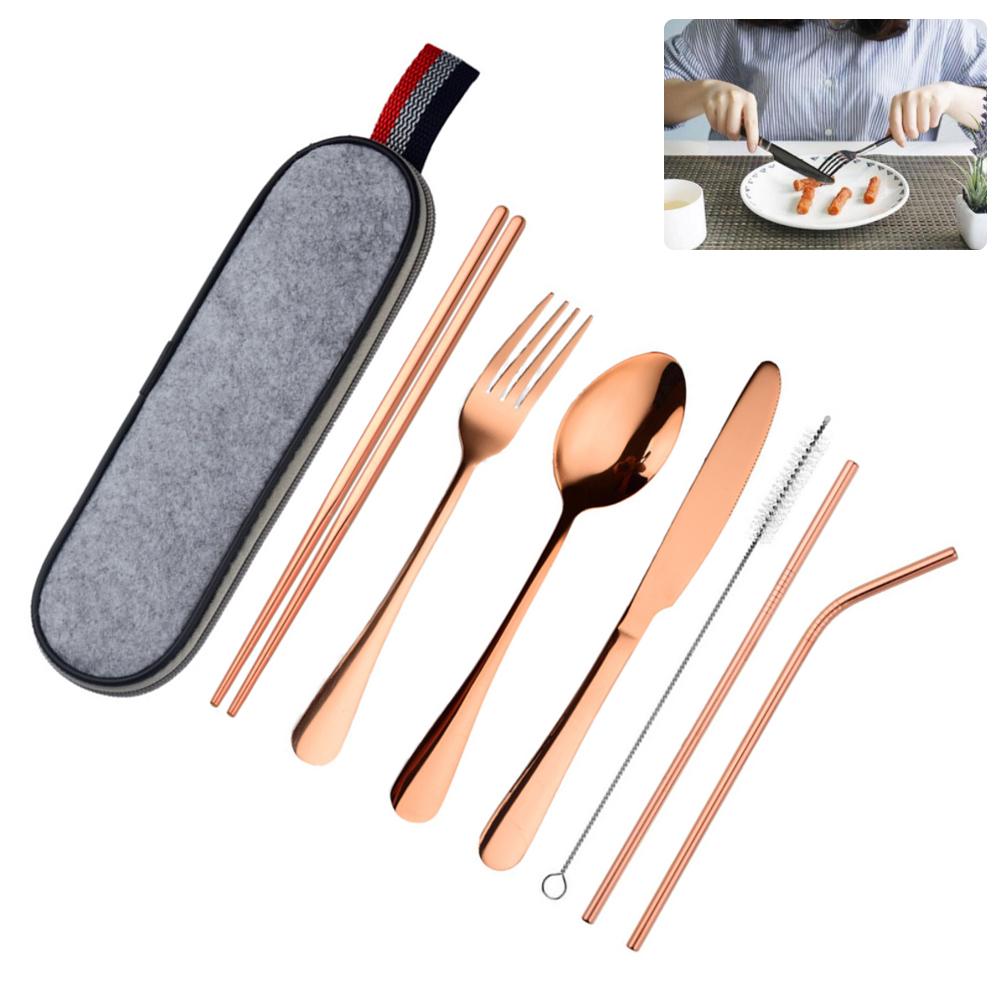8 st/set rostfritt stål bestick sked ätpinnar rengöringsborste set bärbara silverbestick reseredskap set med fodral halm