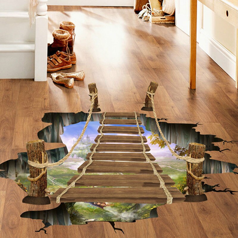 Mural pequeño en 3D, puente suspendido, Fondo de foto de paisaje natural, papel pintado de suelo para decoración de baño FP8