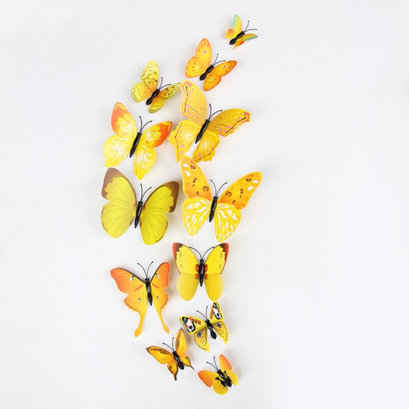 12Pcs 3D Double layer Butterfly Wall Stickers Butterfly Fridge sticker DIY Art Home Decoration Wall Stickers Wall Decals: yellow