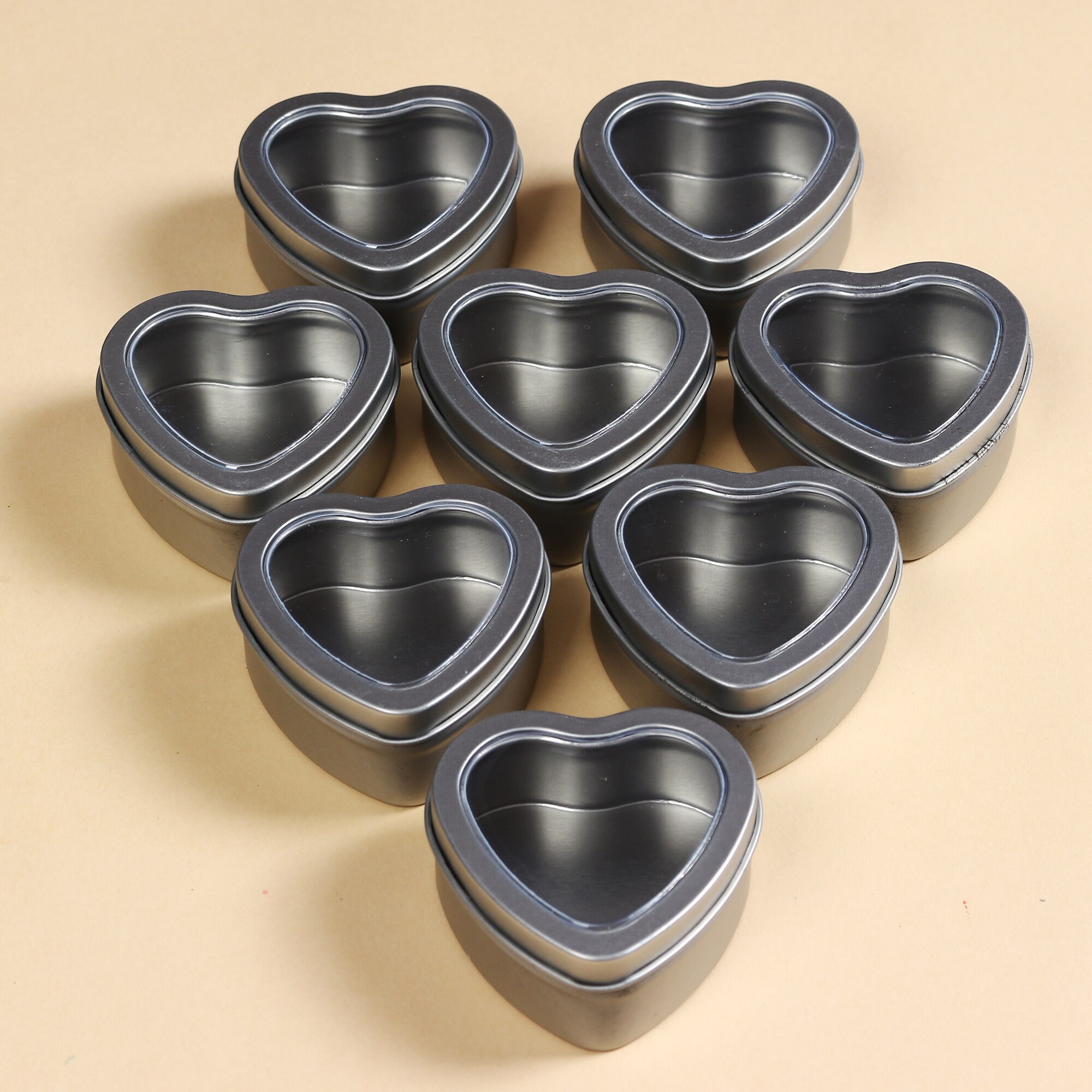 Boîtes vides en métal argenté en forme de cœur, avec fenêtre transparente, pour la fabrication de bougies, bonbons, et trésors, 60ML, 8 pièces