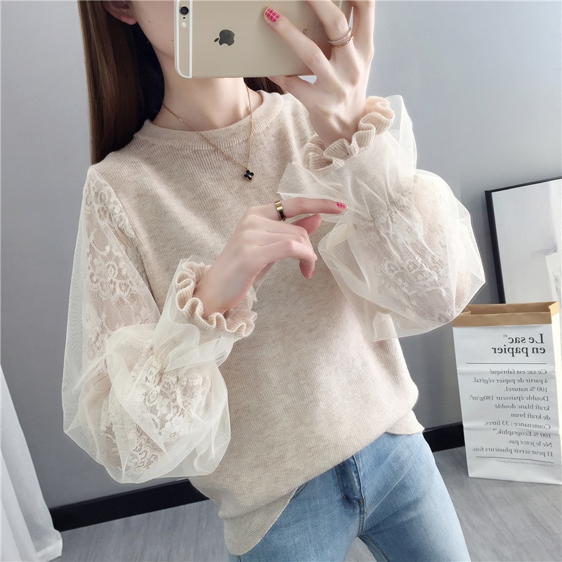 Menina malha manga longa camisola de malha feminino o pescoço solto preguiçoso costura lanterna manga laço bottoming jumper primavera 2020 primavera