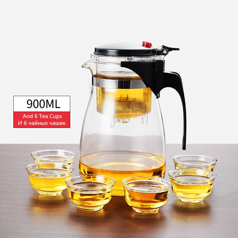 Tekanna värmebeständigt glas te krukor te infusionsanläggning kinesisk kung fu te uppsättningar vattenkokare kaffeglas tillverkare bekvämt kontors te set: 900ml och 6 tekoppar
