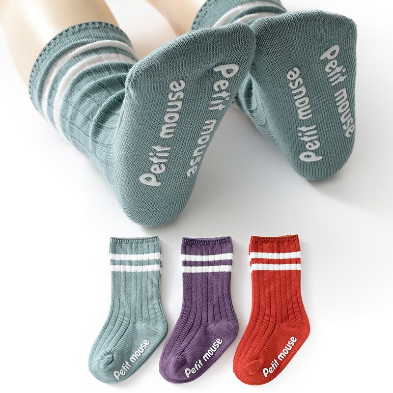 3 par / parti nyfødte sokker solid stribet efterår vinter baby dreng pige anti-slip sokker strikket bomuld varme børnestrømper: Stil 4 / 1-3y