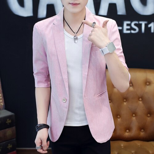 Summer Men Blazer Casual Solid Half Sleeve Slim One-Button Blazer Mens Slim Fit Suit Jacket Black Dress: pink / XL