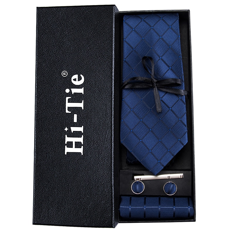 Hi-tie laivastonsininen ruudullinen miesten silkki kudotut siteet kiinteä kravatti kravatti setti kalvosinnapit solmio klipsi miehelle mies hb -1656: Hb -1656