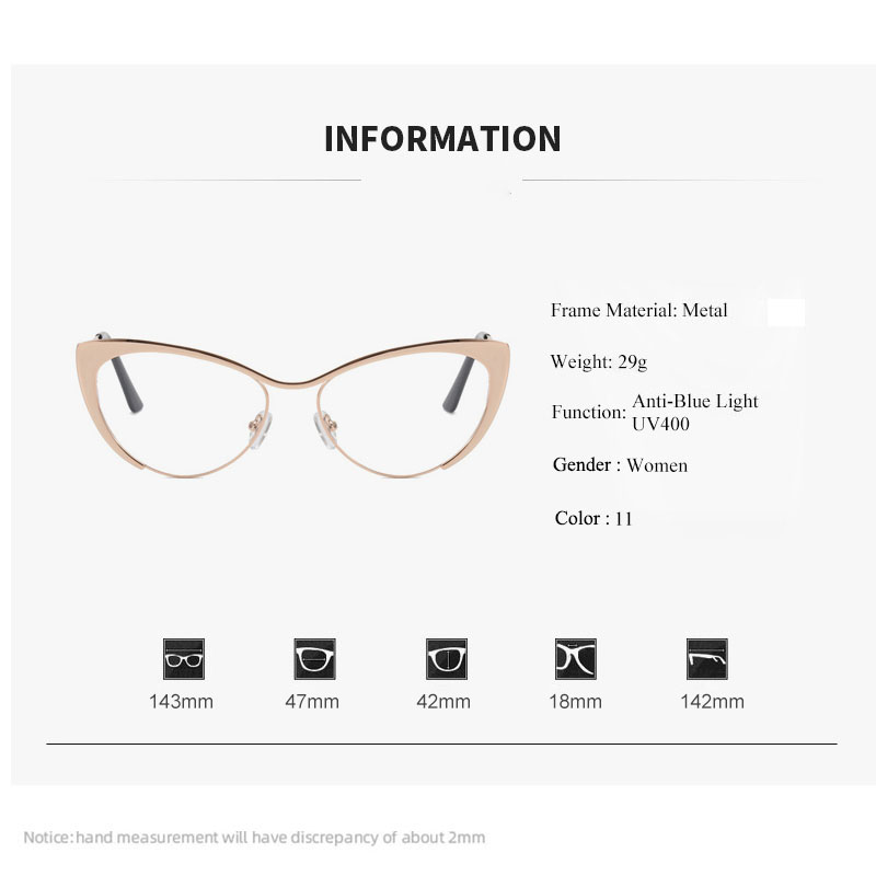 Shauna Anti-Blauw Licht Mode Vrouwen Cat Eye Optische Brilmonturen Lente Hinger Metalen Gradiënt Zonnebril UV400