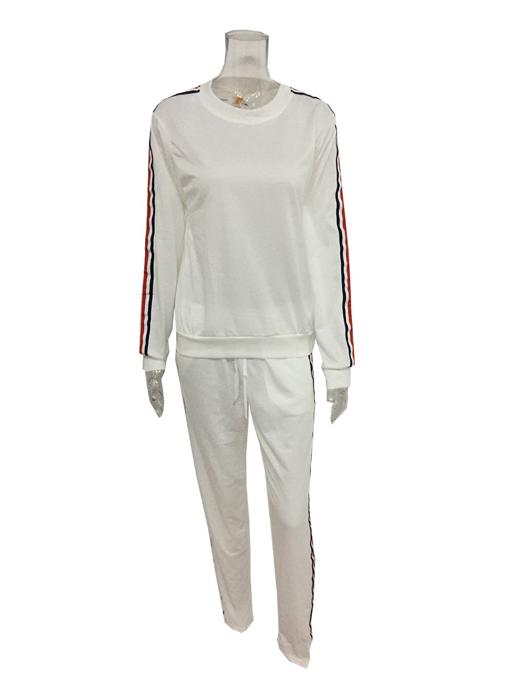 Gestreepte Solid Mode Pak Set Vrouwen Trainingspak Tweedelige Sport Stijl Outfit Jogging Sweater Fitness Lounge Sportwear: WHITE / M