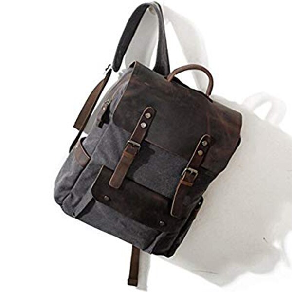 Men Leather Canvas Rucksack Laptop Backpack College School Bookbag(Dark Gray)