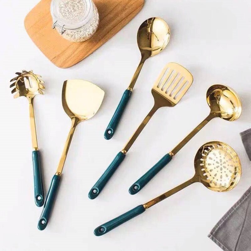 7PCS/Set Stainless Steel Emeraid Soup Ladle Spatula With Holder Ceramics Handle Multi Kitchen Tools Cooking Utensils Set