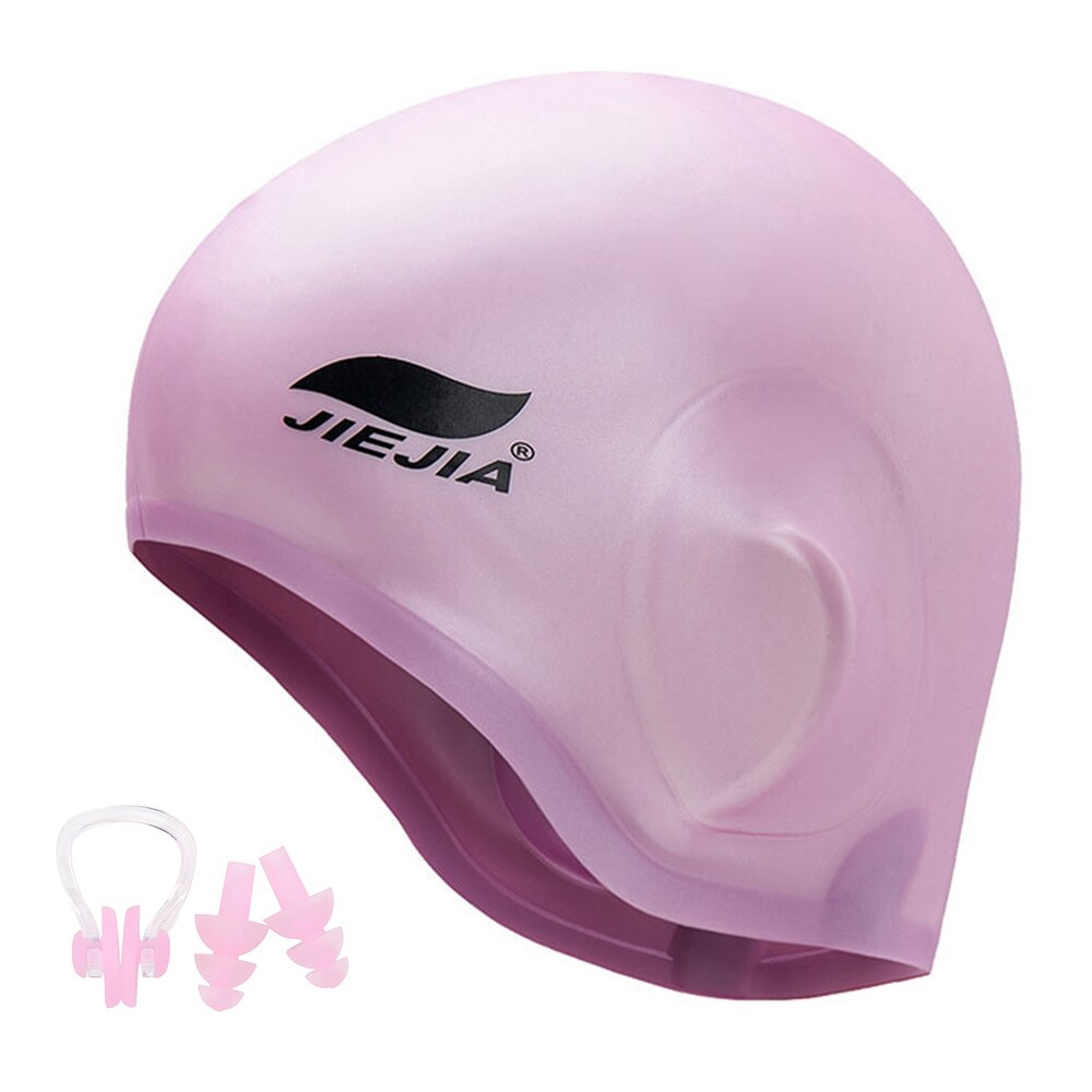 Svømmehætte silikone 3d ergonomisk ørebeskyttelse svømmehætte sport svømmehætte til mænd og kvinder voksne med næseklemme og ørepropper: Lyserød
