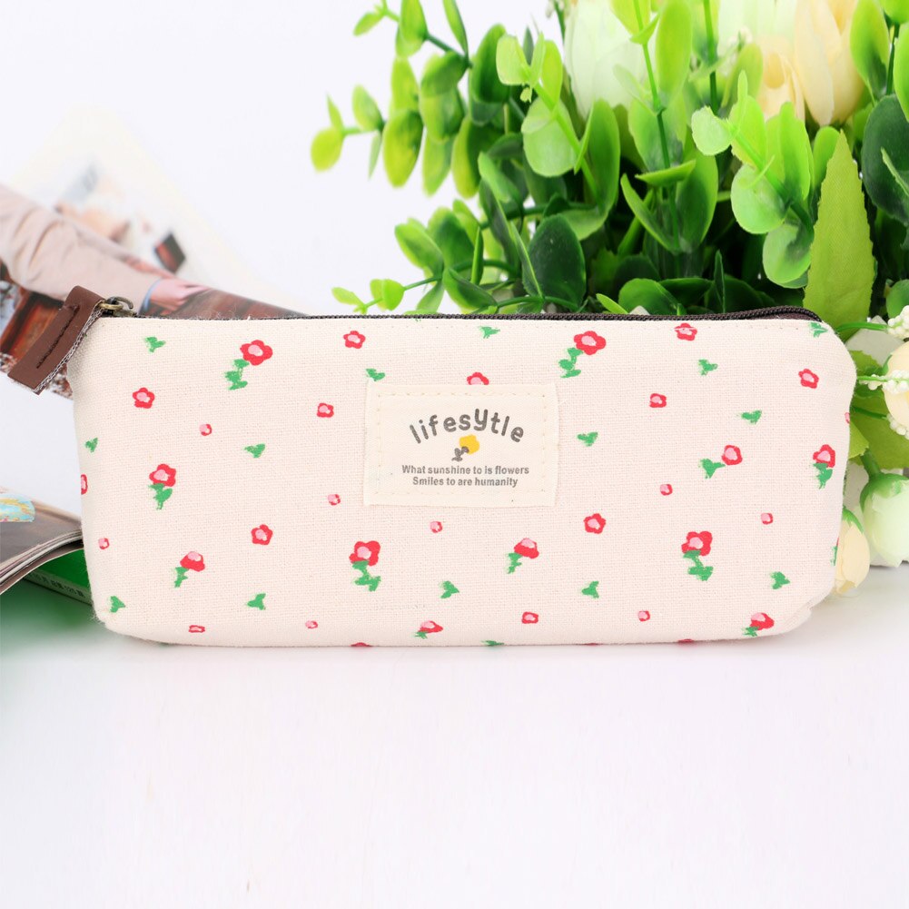 Cute Kawaii Floral Flower Canvas Zipper Pencil Cases Pen Bags School Supplies Women Cosmetic Makeup Storage Bag Purse: White