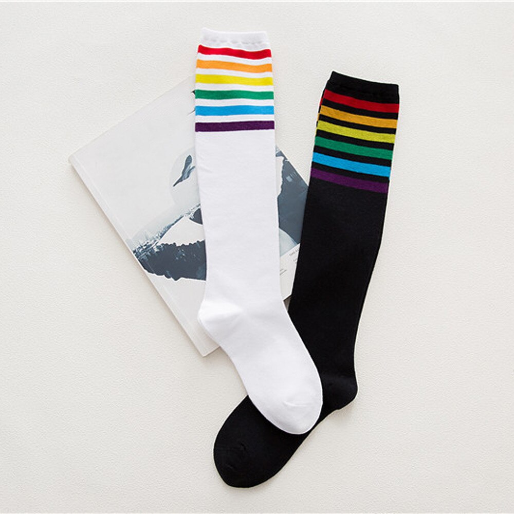 Knee High Socks Novelty 1pair Thigh High Socks Over Knee Rainbow Stripe Girls Football Socks Black White Высокие Носки