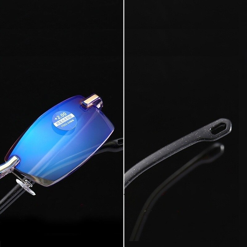 Anti-blauw licht montuurloze bril high-end diamantvormige bril man vrouw leesbril +1.0 to +4.0 met glasdoek