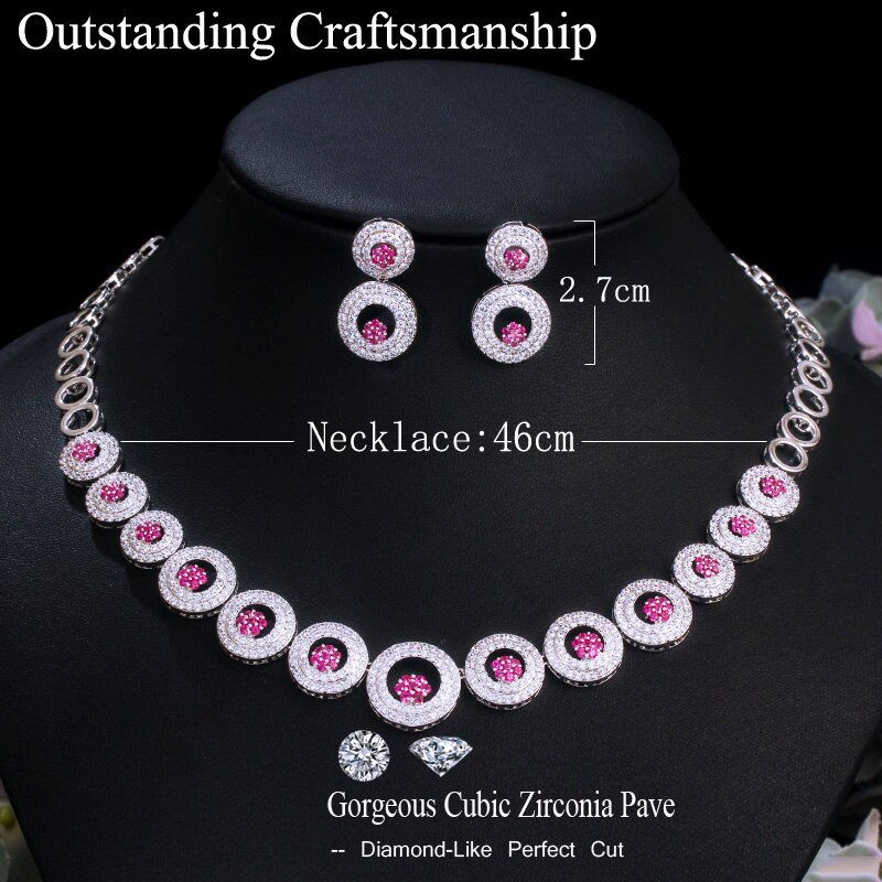 CWWZircons vert cubique Zircon pierre grandes boucles d'oreilles rondes et collier de ensemble de bijoux de mariée accessoires de fête de bal T444