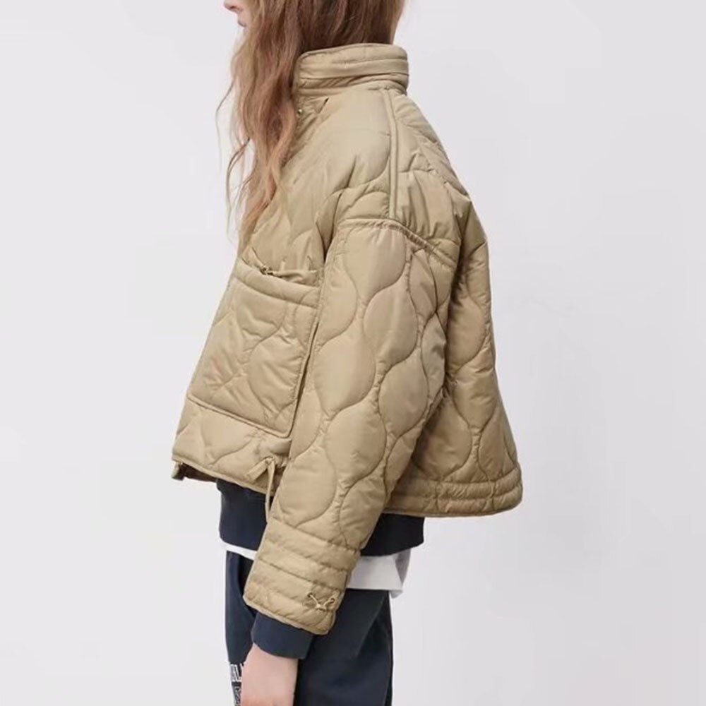 DiYiG-Chaqueta corta acolchada de algodón para mujer, chaqueta con cordón de , con cuello levantado, ligera, acolchada