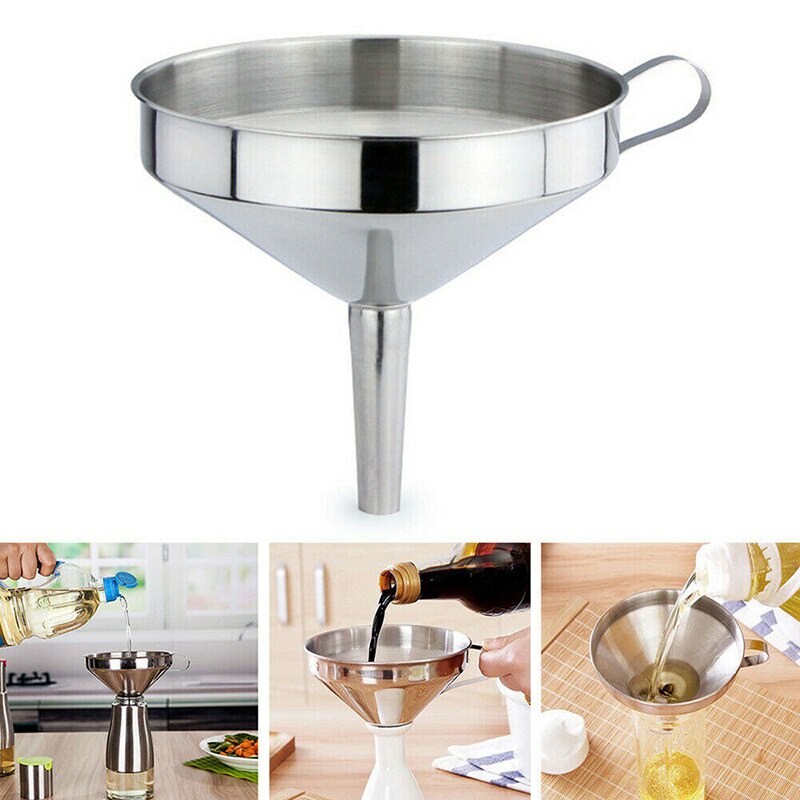 Conjunto de tres piezas de embudo de acero inoxidable, 10cm, 12cm y 14cm de ancho, embudo de boquilla de filtro con mango y colador desmontable,