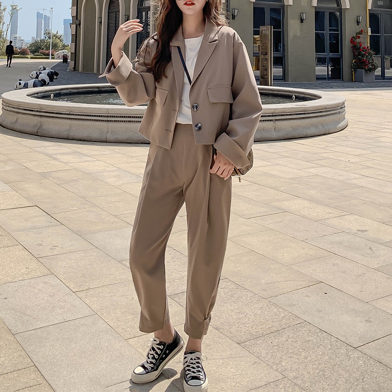 Kvinner 2 -delt sett høst uformelt blazere løs kontor dame forretningsdress kvinnelig koreansk blazer + dressbukse