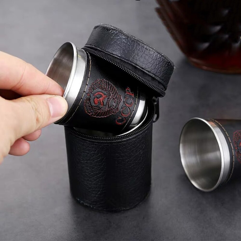 4Pcs/Set Stainless Steel Vodka Cup Set Portable Mini Wine Tumbler With Leather Cover Case Bag Outdoor Bar Wine Beer Whiskey Cup
