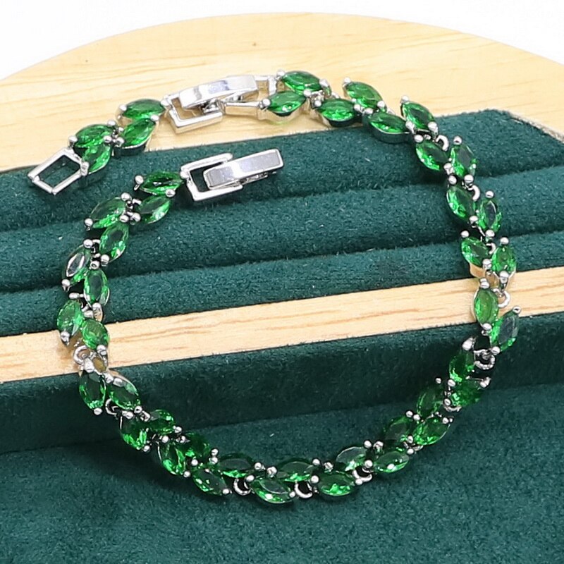 Marquise Green Emerald 925 Sterling Zilveren Sieraden Set Voor Vrouwen Armband Oorbellen Ketting Hanger Ring