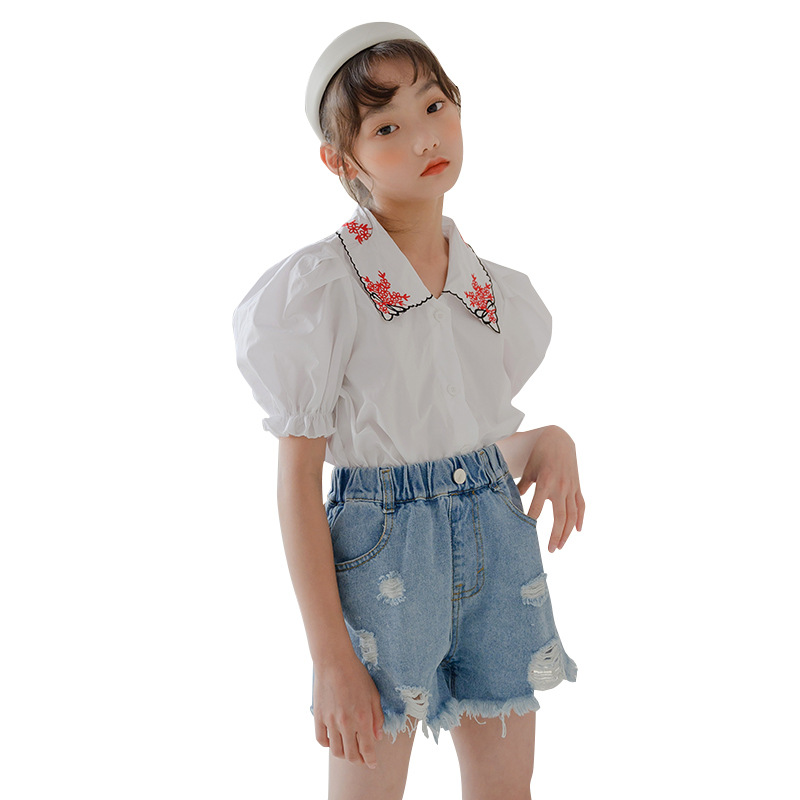 Blusa de algodón con manga abombada para niñas y adolescentes, blusa bordada de ,