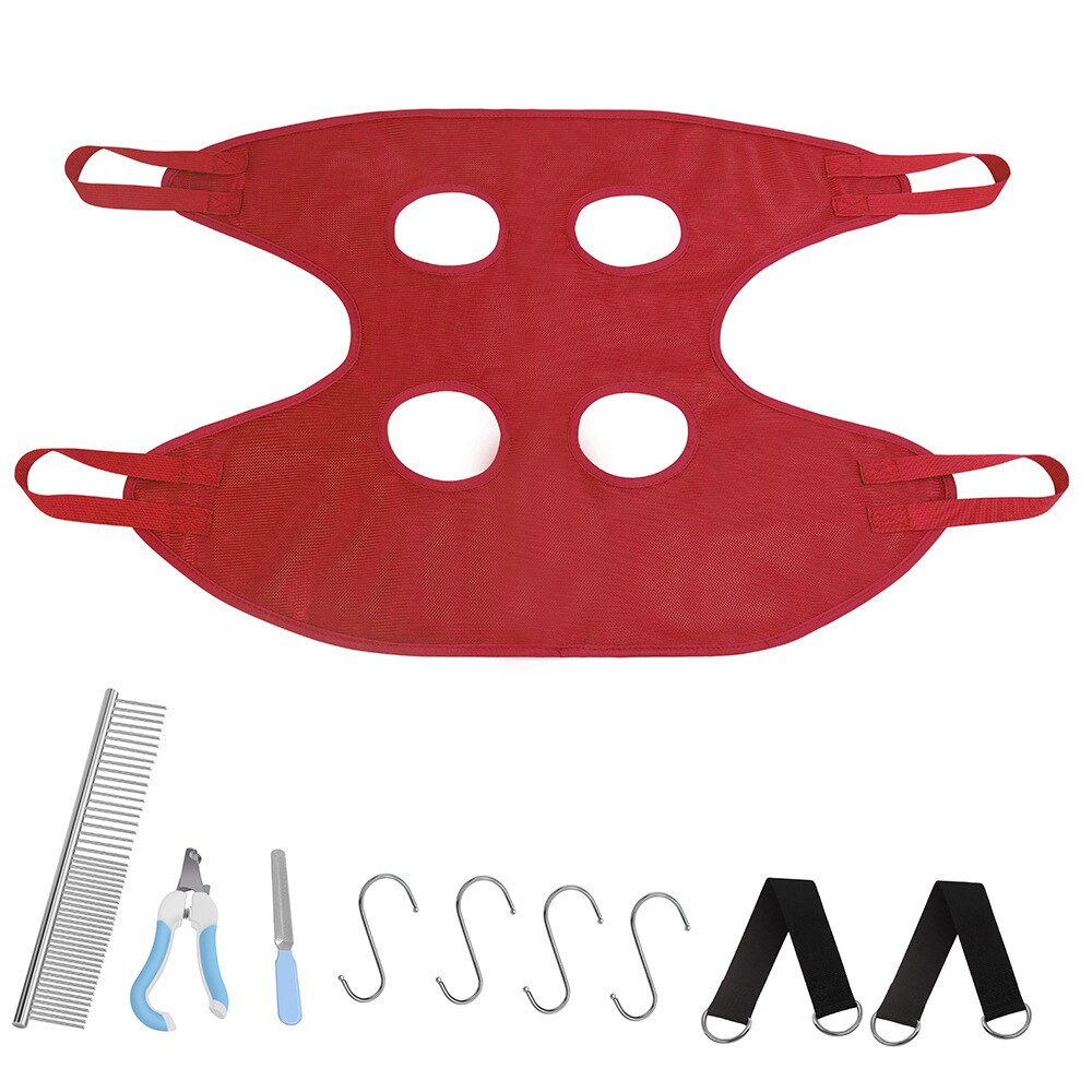 Hamaca de aseo para mascotas, arnés colgante para gatos y perros, Kit de suministros para mascotas con recortador de peine para gatos y perros, lavado de baño: Red Set / Bear weight 15-18kg