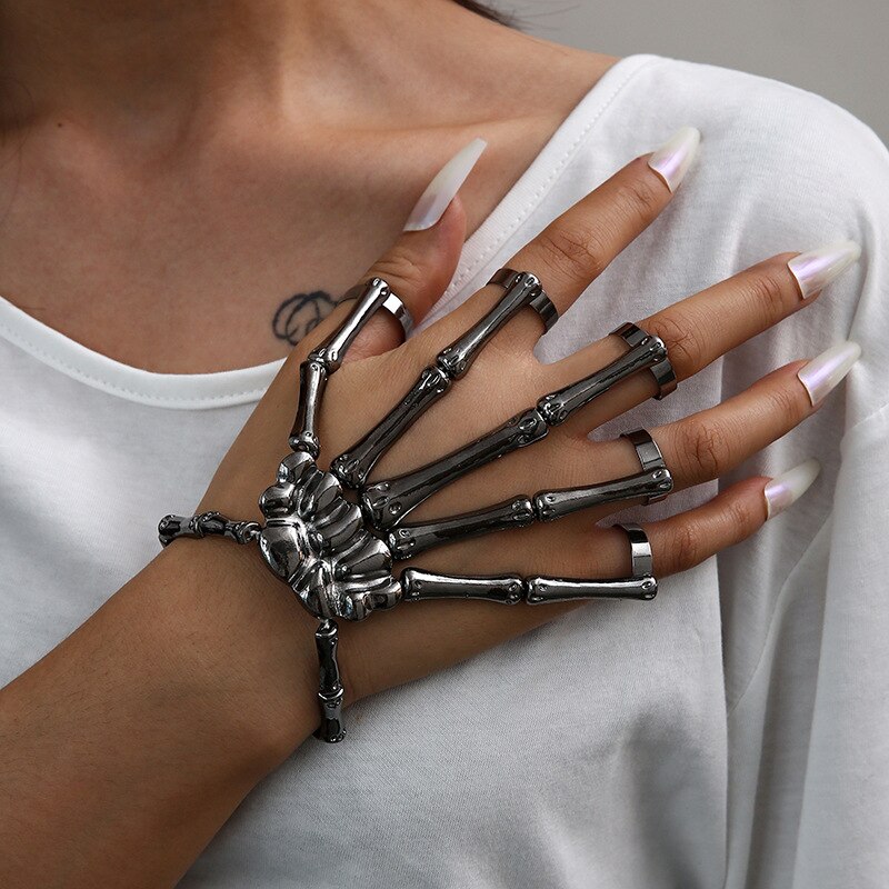 Neue Punk Schädel Armbinde Für Frauen Männer Hand Knochen Einstellbare Fünf Finger Ring Armreifen Metall Armbänder unisex Hüfte hüpfen Schmuck