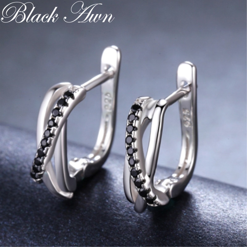 Classic Genuine 925 Sterling Silver Jewelry Black Spinel Stone Cute Stud Earrings for Women Bijoux Femme Boucles d'oreilles I023