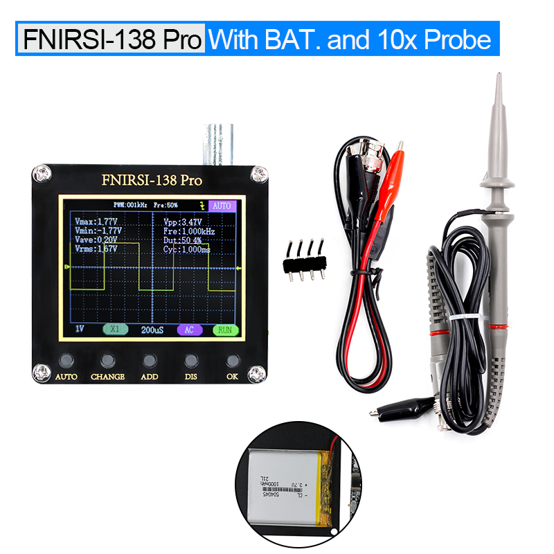 FNIRSI-138 PRO Handheld Digital Oscilloscope 2.5MSa/s 200KHz Analog Bandwidth Support AUTO,80Khz PWM And Firmware Update: With BAT. 10x Probe