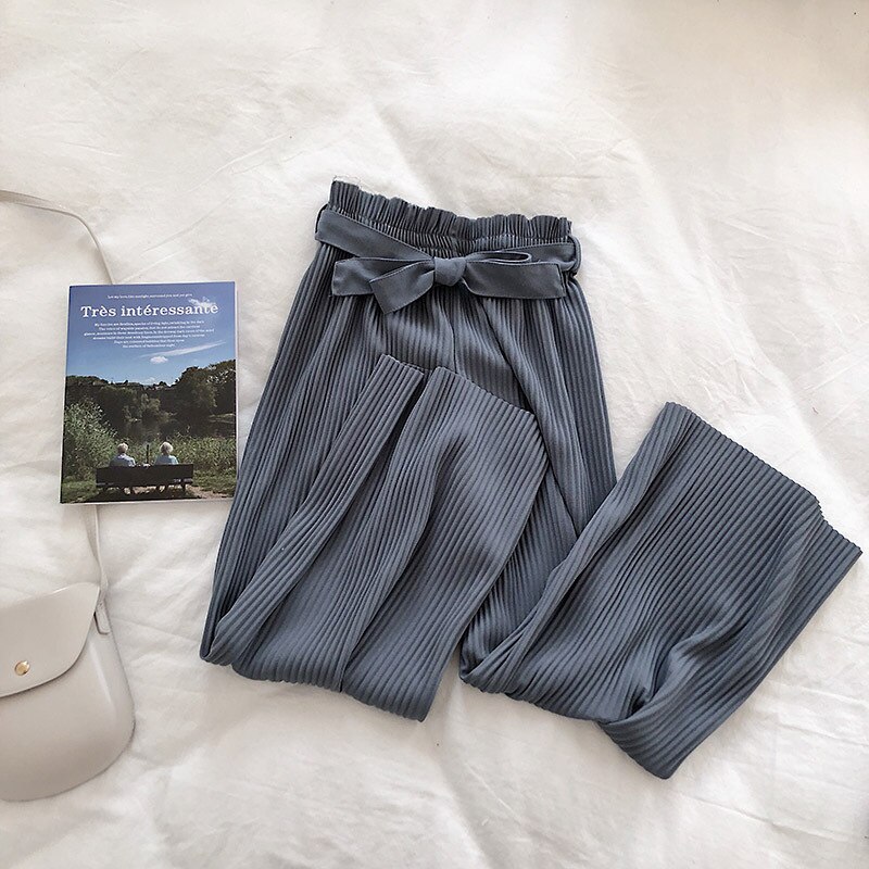 Women's Casual Wide Leg Pants - High Waist Belted Pleated Trousers for Summer: Blue