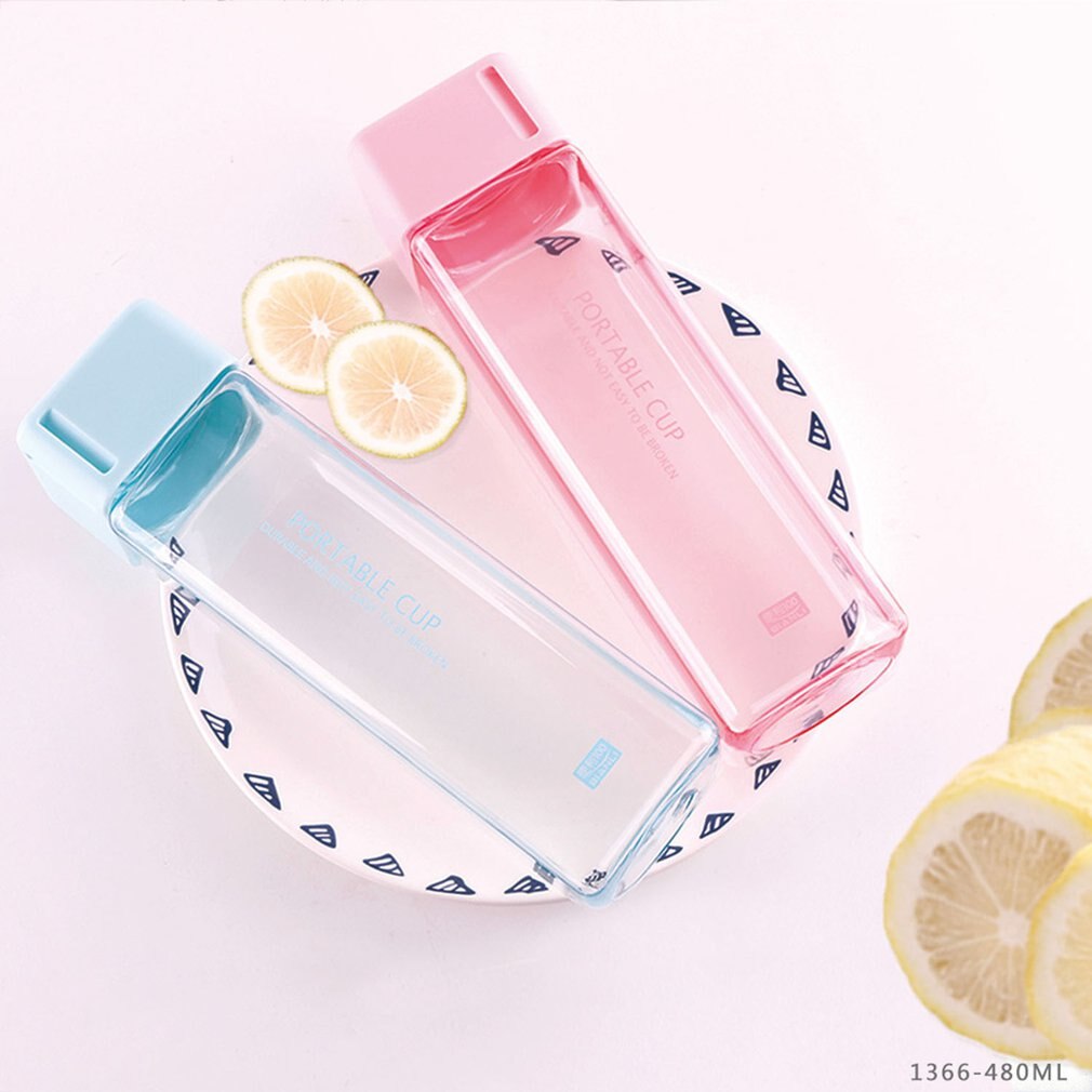 Square Frosted Plastic Water Bottle Portable Transparent Bottle Fruit Juice Leak-proof Outdoor Sport Travel Camping Bottle