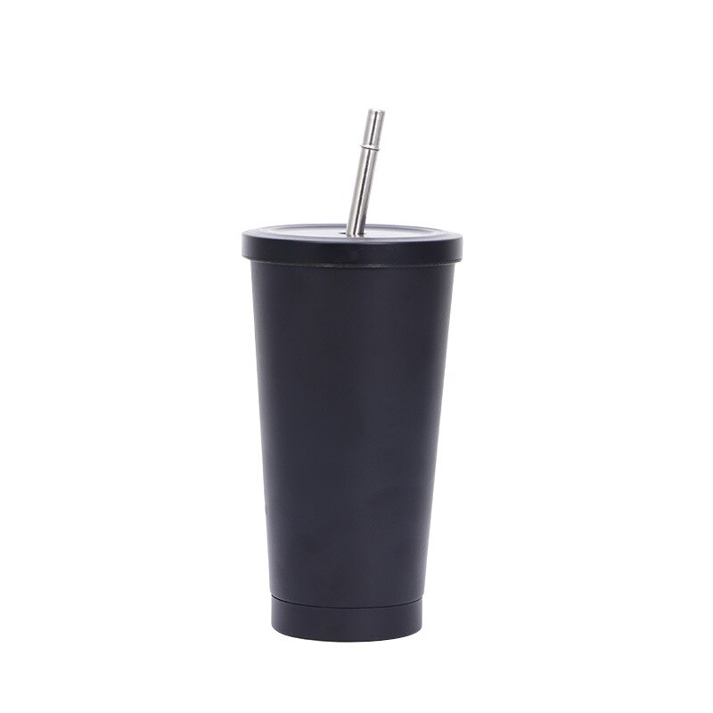 Rustfritt stål kaffekrus 500ml krus med lokk ølkrus til tekopp metallkopp drikke halm drikke halm reisekopper  wj826: Balck