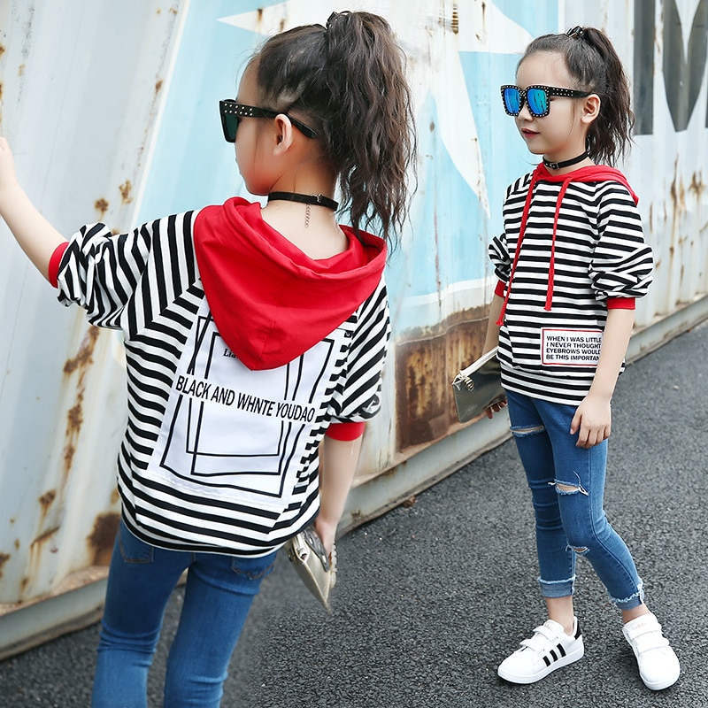 T-Shirt manches longues filles | à rayures, décontracté, printemps-automne , 4-12ans