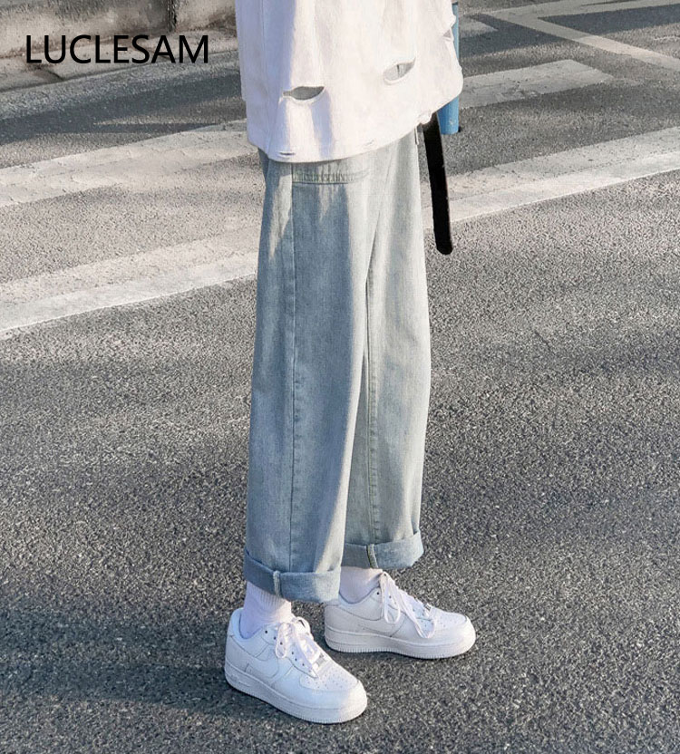 Rechte losse cropped jeans heren koreaanse streetwear heren cropped broek casual denim broek blauwe baggy hiphop jeans
