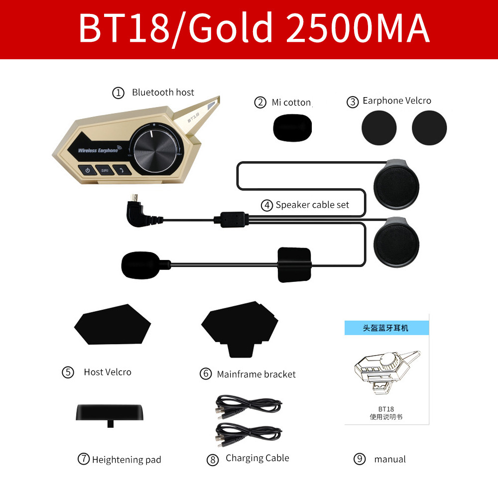 BT-18 Motorhelm Headset Bluetooth Intercom Motorbike Hoofdtelefoon Handsfree Call Bluetooth Intercom Headset: Gold