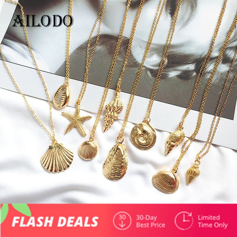 Ailodo-collares de conchas bohemias para mujer, Color dorado, conchas bohemias, joyas de de verano, para niña 20MAR13