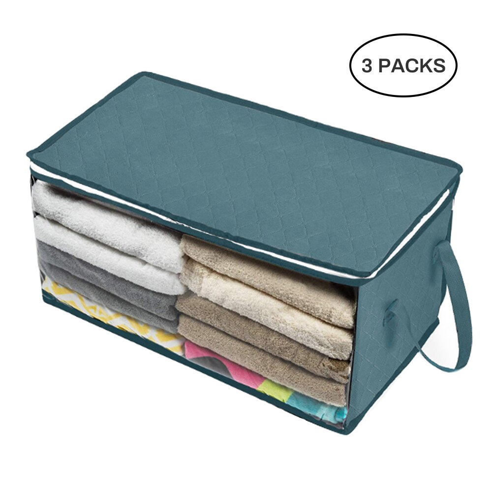 Boîte de rangement en tissu Non tissé | Boîte de rangement en tissu Non tissé pliable, boîte de rangement à fermeture éclair, organisateur à fenêtre transparente avec poignées: 3pcs blue
