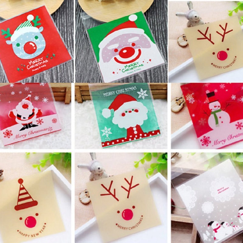 100pcs Candy bags Cute bag Pattern of Santa Claus Bag pouch for candy biscuit chocolate sweets Candy bar bag bags: Default Title