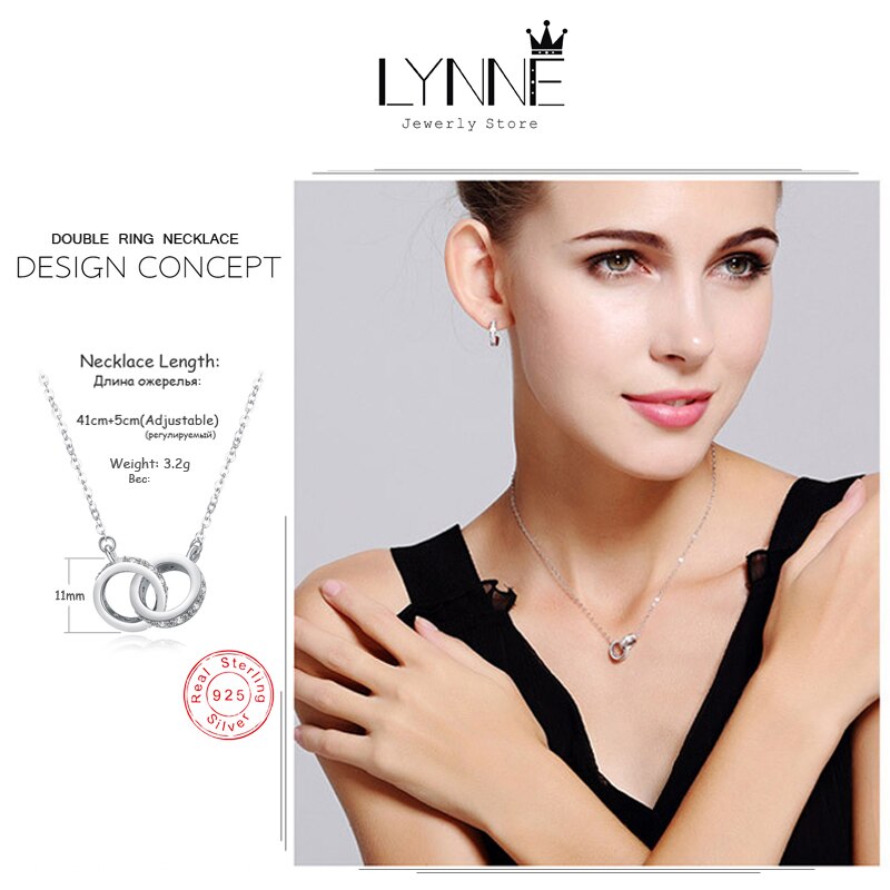 Mode 925 Sterling Zilveren Dubbele Ronde Hanger Neckalce Rose Goud Strass Dubbele Cirkel Ketting Voor Vrouwen Sieraden