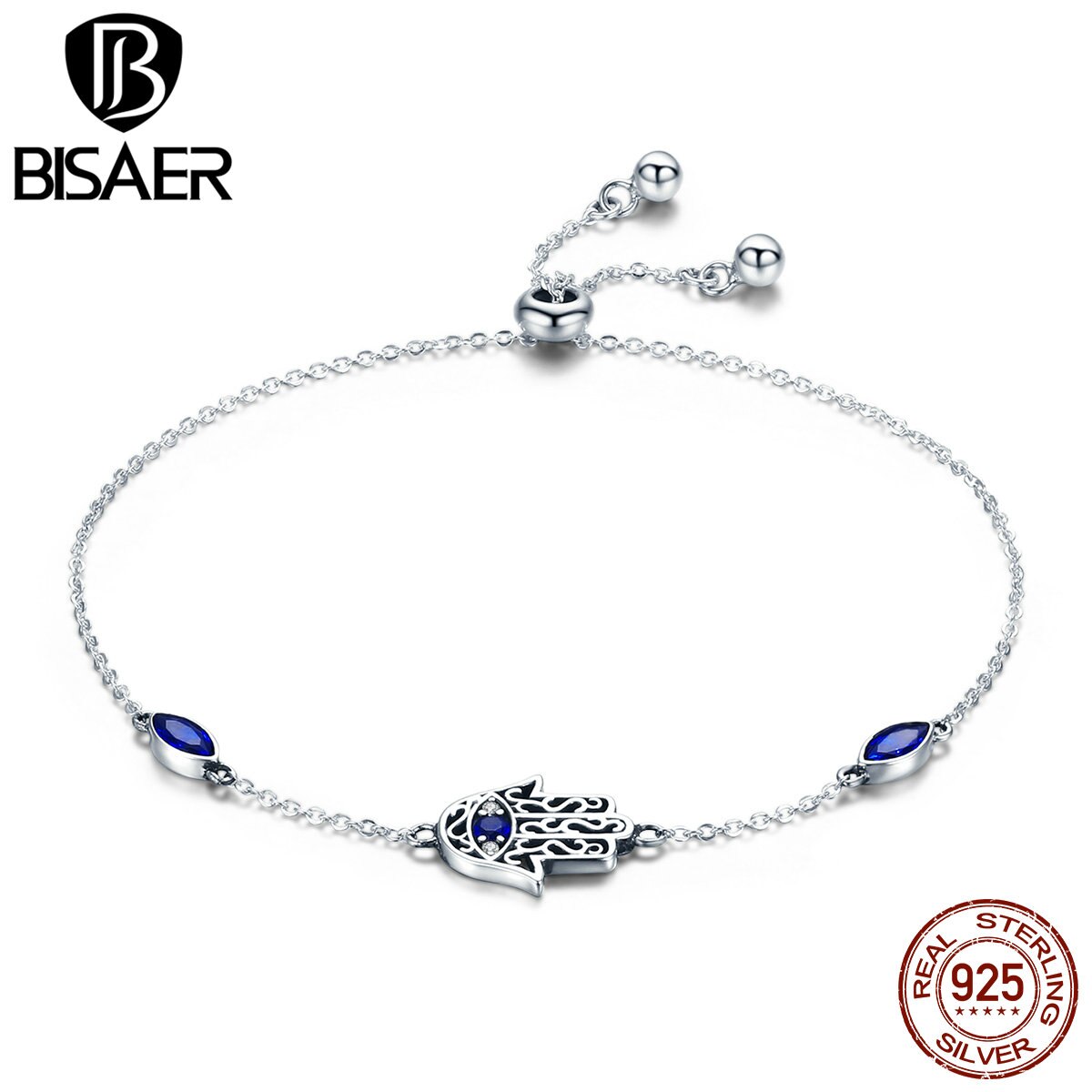 Bisaer 925 スターリングシルバーングハムサハンドファティマハンドチェーンリンクブレスレットpulseira幸運の女性女性ブレスレットファインジュエリーECB076