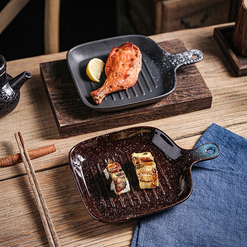 FANCITY-Plato cuadrado Vintage con mango, bandeja de cerámica para hornear, plato para horno, plato para arroz horneado