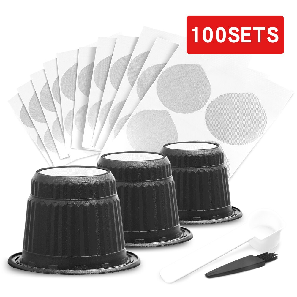Capsule Nespresso vide réutilisable jetable | Mise à jour originale, sceaux en aluminium, autocollants, filtre de Capsule Nespresso facile à transporter: 100 sets black