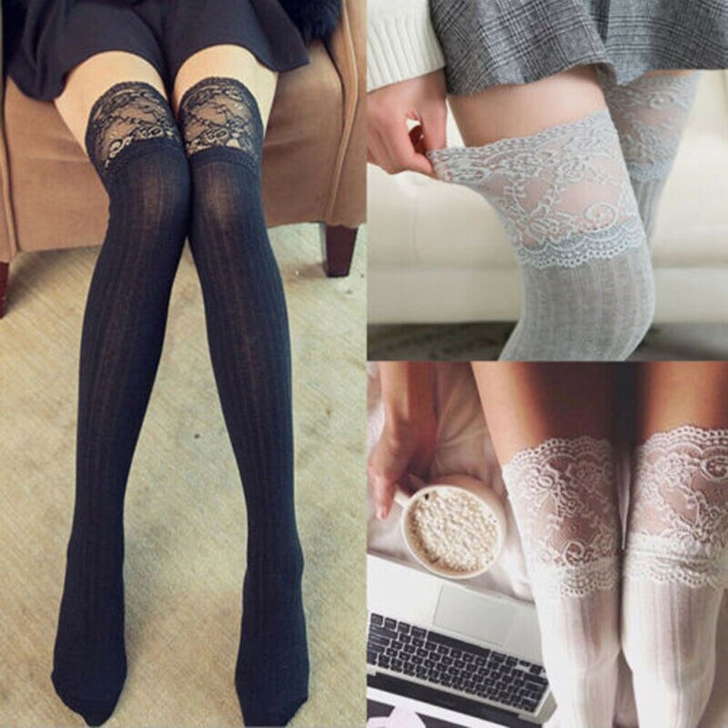 Ladies Hosiery Thigh High Stockings Lace Top Pantyhose Women Winter Knit Over Knee Long Boot Warm Leggings Stockings