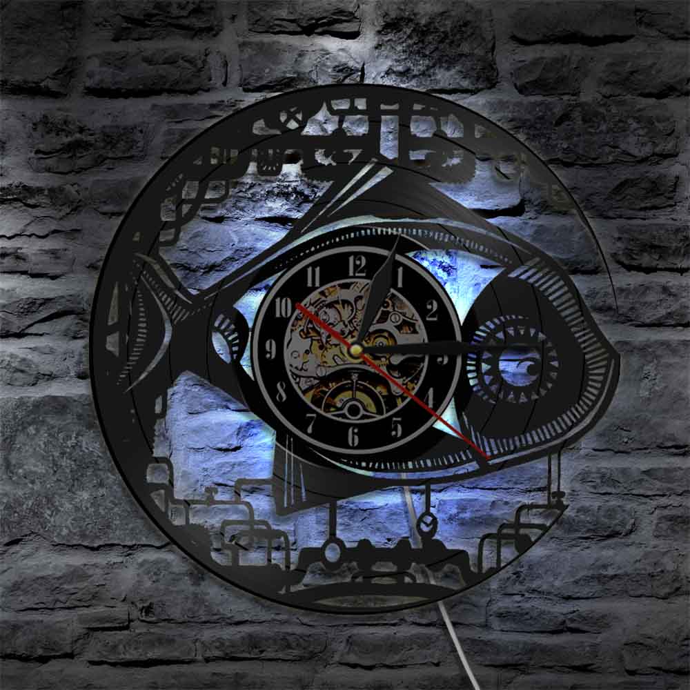 Jahrgang Steampunk Roboter Fisch Wanduhr Mechanische Fisch Schallplatte LP Uhr Handgemachte Moderne Zauberstab Kunst Getriebe Fisch Uhr: mit LED