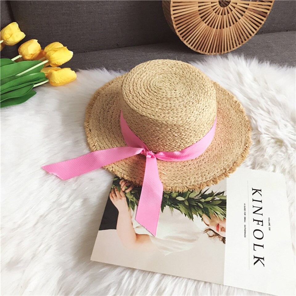 Kvinnor sommar strand raffia solhatt med band rosett raffiahatt temperament platta stråhattar dam båtägare solhatt raffia solhatt: F0093-4