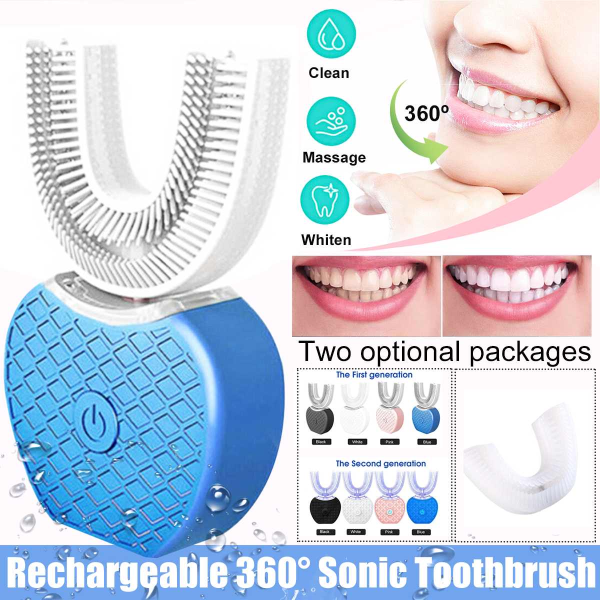 360 grader intelligent automatisk sonisk elektrisk tandbørste u type 3 tilstande tandbørste usb opladning tandblegning blåt lys